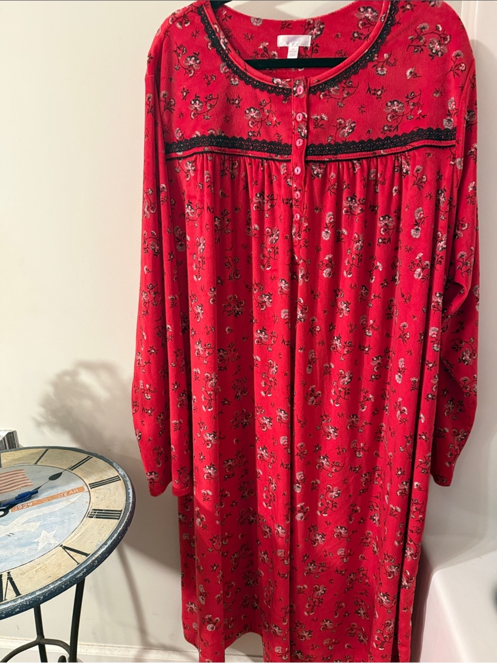 Super Soft Secret Treasures Red Floral Nightgown with Black Trim